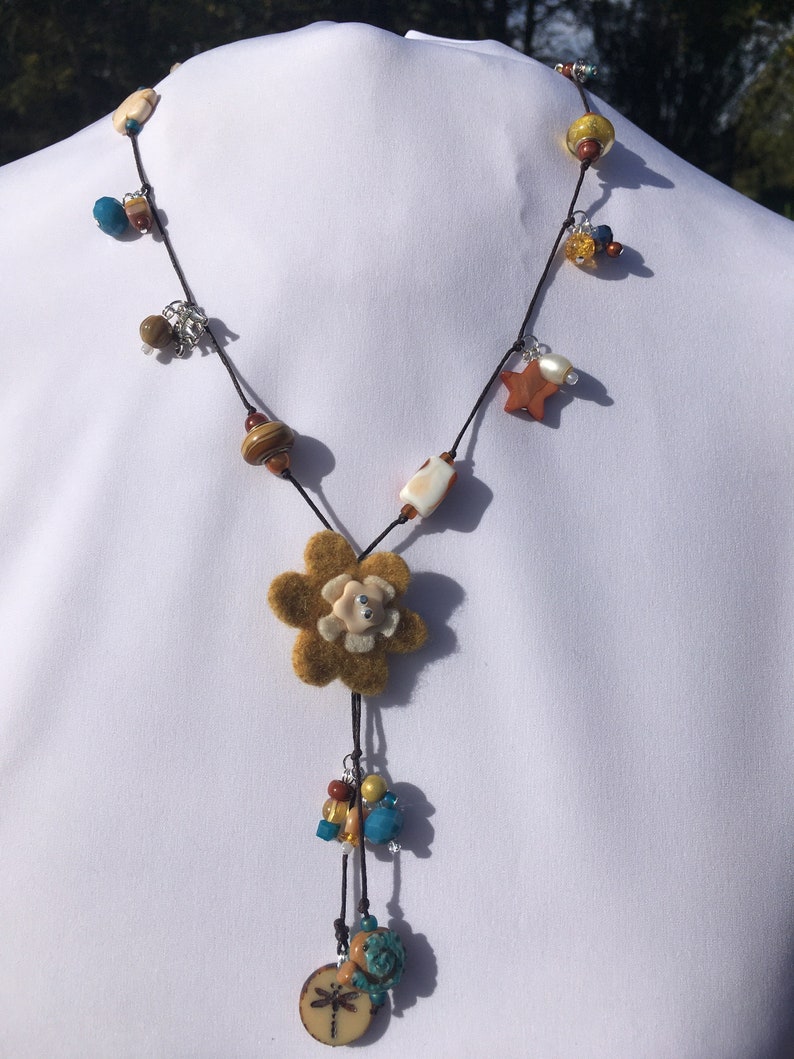 Beaded Necklace with Felt Flower in Mustard and Blue