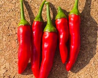 May include: Five vibrant red chili peppers arranged vertically, each featuring a smooth, glossy skin and a distinct green stem at the top. The peppers vary slightly in length and curvature, showcasing a bright, uniform red color throughout.