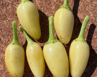 May include: Six pale yellow chili peppers with smooth, glossy skin and light green stems. Each pepper has a tapered, rounded shape with subtle brown speckling on the surface. The peppers are arranged in a cluster, showing their distinct stems.