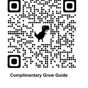 May include: Black and white QR code with a small black dinosaur graphic in the center. The text "Complimentary Grow Guide" is below the QR code.