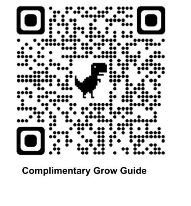 May include: Black and white QR code with a small black dinosaur graphic in the center. The text "Complimentary Grow Guide" is below the QR code.