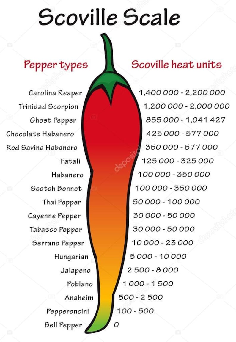 May include: A red chili pepper with a green stem is divided into sections, each representing a different type of pepper and its corresponding Scoville heat units. The Scoville Scale measures the heat of chili peppers. The peppers listed from hottest to mildest are: Carolina Reaper, Trinidad Scorpion, Ghost Pepper, Chocolate Habanero, Red Savina Habanero, Fatali, Habanero, Scotch Bonnet, Thai Pepper, Cayenne Pepper, Tabasco Pepper, Serrano Pepper, Hungarian, Jalapeno, Poblano, Anaheim, Pepperoncini, and Bell Pepper.