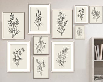 Botanical wall art set of 10 prints, Printable Art, Minimal Line Botanical leaf flowers Art Prints, Instant Digital Download Wall Decor Art