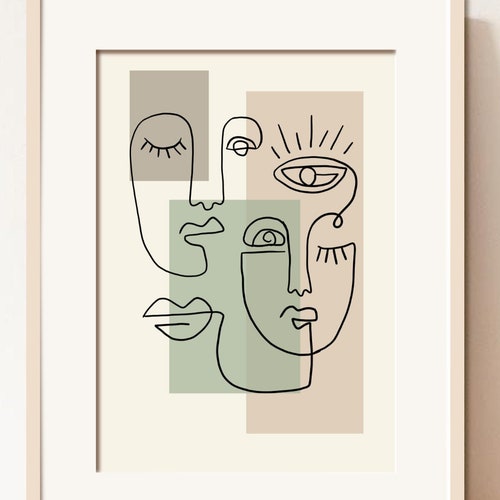 Abstract Face Fine Line Wall Art Print Beige Green Art Etsy