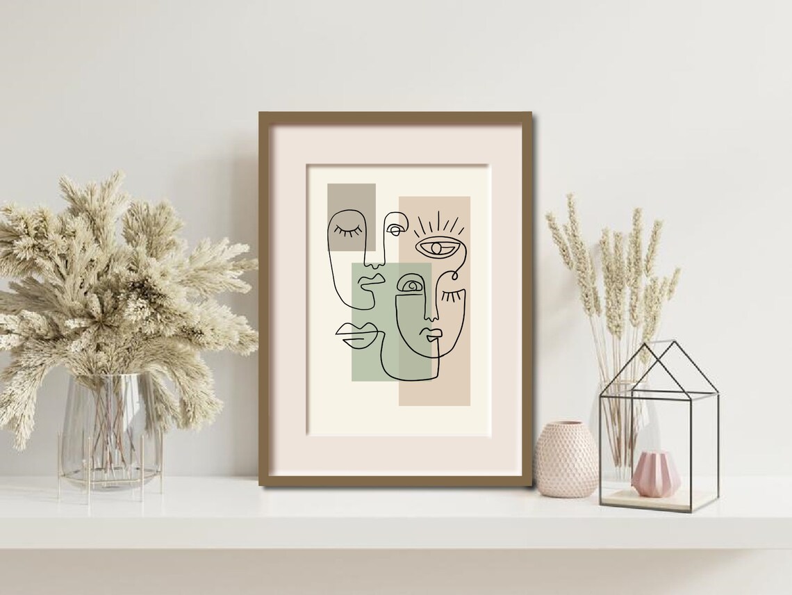 Abstract Face Fine Line Wall Art Print beige green art Etsy