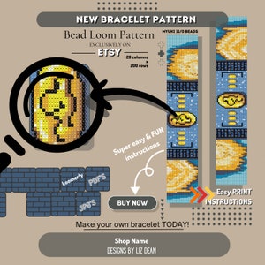 May include: A bead loom pattern for a bracelet featuring a yellow and blue design with a comet and stars. The pattern is for 28 columns and 200 rows using Miyuki 11/0 beads. The pattern is available for purchase on Etsy.
