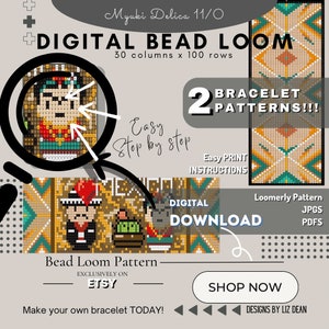 May include: Digital bead loom pattern for bracelets, featuring two colorful designs. The patterns are available as JPG and PDF downloads. The image includes the text "Myuki Delica 11/0", "Digital Bead Loom", "30 columns x 100 rows", "2 Bracelet Patterns!!!", "Easy Step by Step", "Easy Print Instructions", "Loomerly Pattern", "JPGS", "PDFS", "Digital Download", "Bead Loom Pattern", "Exclusively on Etsy", "Shop Now", and "Designs by Liz Dean".