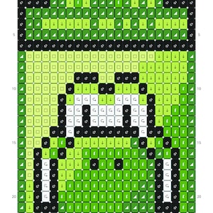 May include: A pixel art pattern with a green background and black and white squares. The pattern is a portrait of a face with a green hat and a green beard. The face has a white mouth and black eyes.
