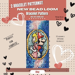 May include: A digital pattern for a bead loom bracelet featuring a pixelated image of Mario and Princess Peach. The pattern is for two bracelets, each with 35 columns and 200 rows. The text "NEW BEAD LOOM Bracelet Pattern (INSTANT DOWNLOAD)" is at the top of the image. The text "MIYUKI DELICA Beads 11/0" is on the right side of the image. The text "Etsy" is at the bottom of the image.
