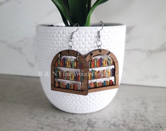 Book Earrings, Arched Dangle Earrings, Wood Earrings, Librarian Gift, Book Lovers Gifts, Bookshelf Earrings, Gift For Teacher, Gift For Her