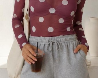 Mesh Top, Polka Dot, XS-XL, Sheer Mock Neck, Long Sleeves, Transparent Shirt, Summer Outfit, Layering Top, Party Shirt