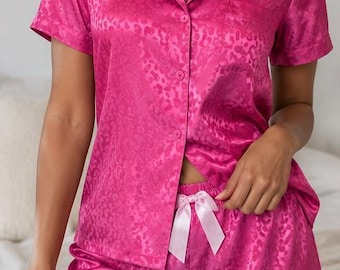 Bruidsmeisjespyjama set van satijn, dames, S-XXL - roze, korte mouwen, zijde, bruidsfeest, schattige nachtkleding, cadeau voor haar, vrijgezellenfeest outfit