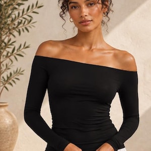 Off the Shoulder Top, XS-XL, Cotton, Long Sleeve Crop Top, Party  Shirt, Stretch Tee,  Women Outfit,  Col Bardot top