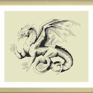 May include: Black and white line art illustration of a dragon with wings spread out. The dragon is facing the left side of the image and has a fierce expression.