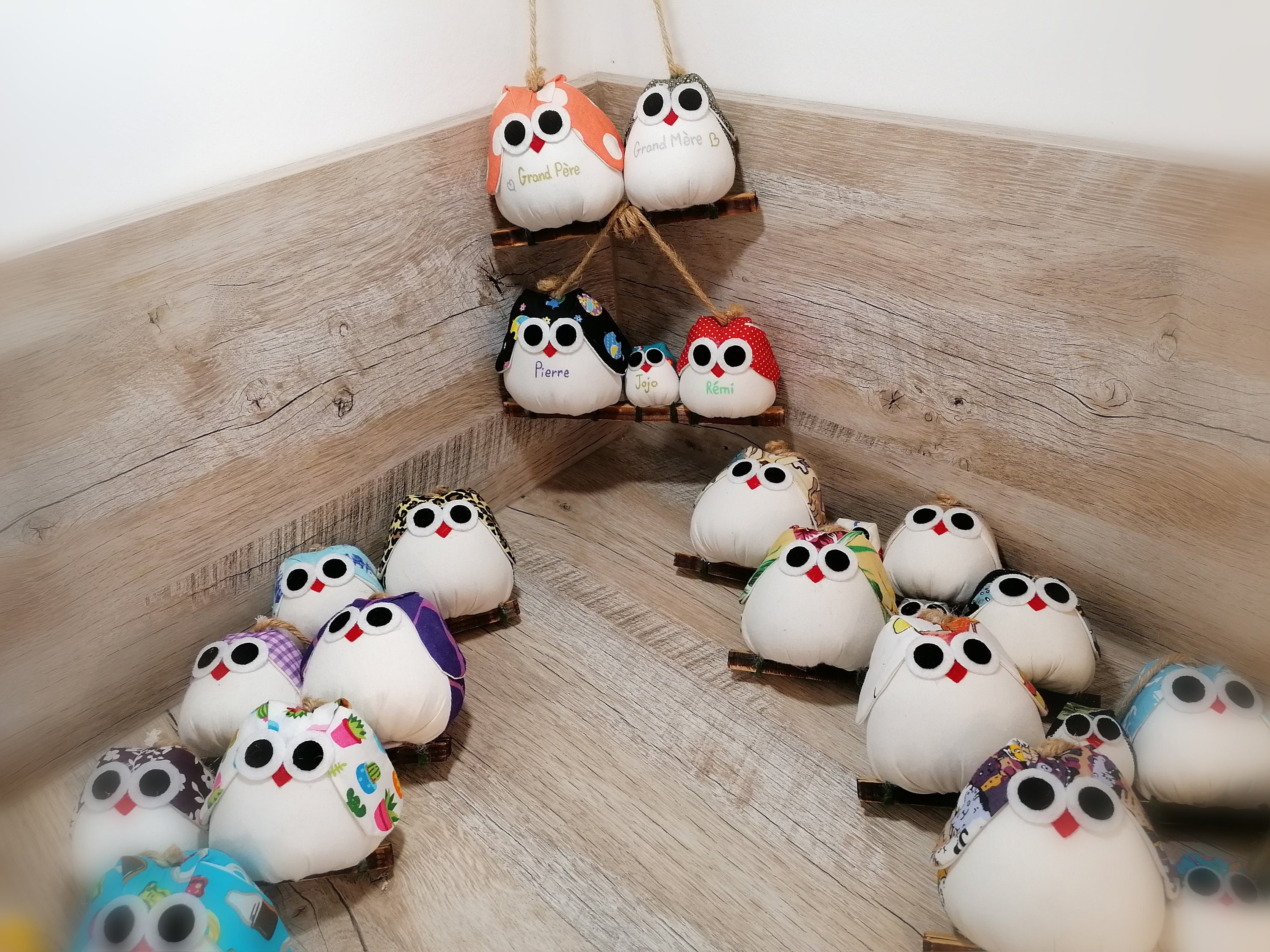 Grand-Mère Grand-Père et Famille de 3 Hiboux Personnalisés Faits à La Main