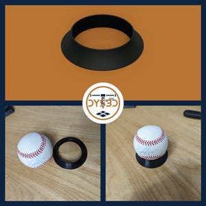 May include: A black 3D printed baseball display stand with a baseball resting on top. The baseball is white with red stitching and has an autograph on it.