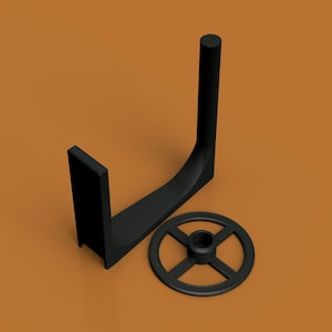May include: Black metal stand with a curved arm and a round base. The stand is designed to hold a plate or other object.