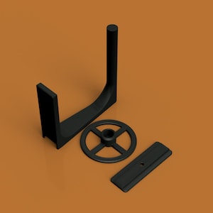 May include: Black plastic stand with a curved design, a round base, and a flat rectangular piece. The stand is designed to hold a record player.