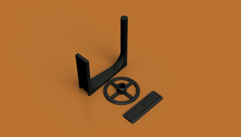 May include: Black plastic stand with a curved design, a round base, and a flat rectangular piece. The stand is designed to hold a record player.