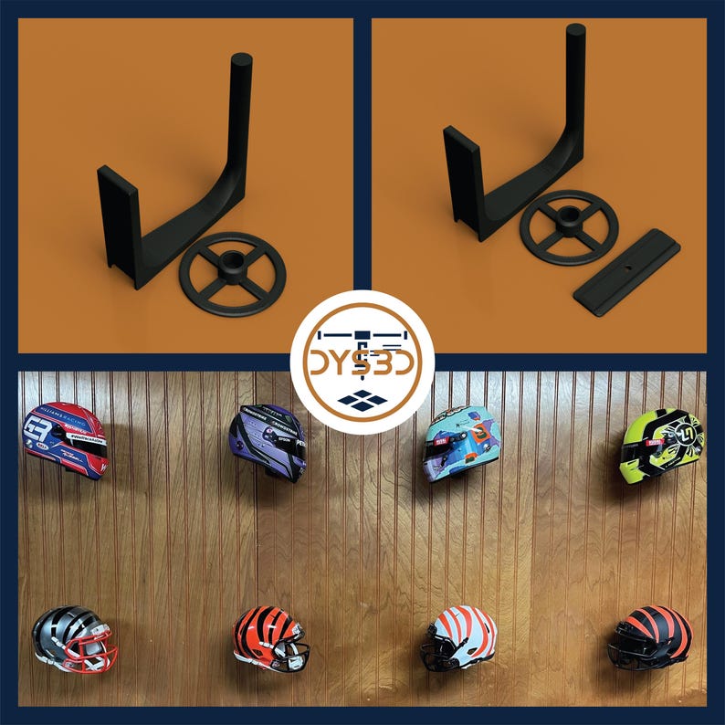 May include: A set of black plastic helmet display stands. The stands are designed to hold helmets upright and feature a rotating base. The stands are shown mounted on a wood wall with various helmets displayed on them.