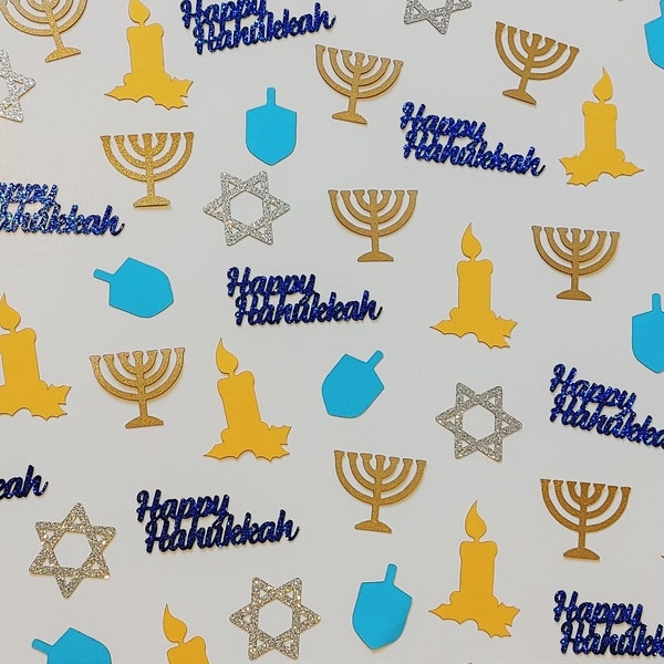 Hanukkah Confetti, Chanukah confetti, Jewish holiday décor, Dreidels, Menorah, Star of David, Candle, Happy Hanukkah.