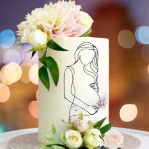 Amuleto de bolo de silhueta grávida | Amuleto de bolo para mãe de bebê | Amuleto de bolo de chá de bebê | Charme de bolo de arte de linha grávida | Decoração de topo de bolo para chá de bebê