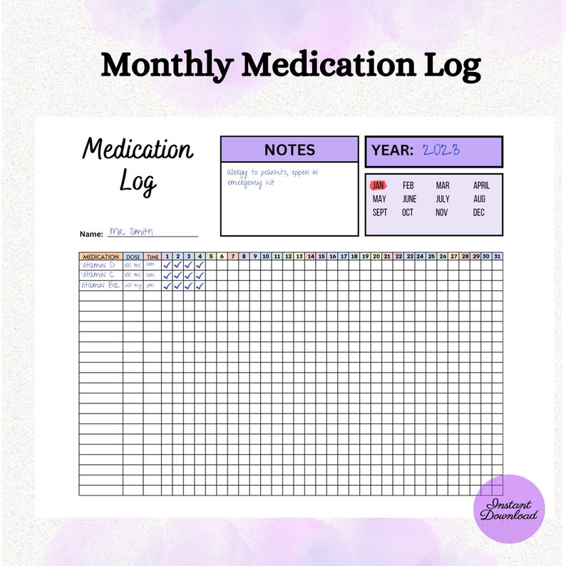 Monthly Medication Log Printable Supplement Tracking Sheet - Etsy