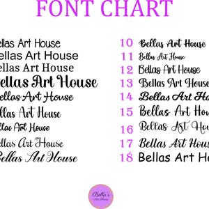 May include: A font chart with the text "FONT CHART" in purple at the top. The chart displays 18 different font styles, each showcasing the text "Bellas Art House" in various designs. A small purple logo is at the bottom.