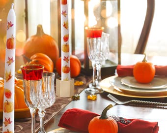 Harvest Taper Candles with pumpkins and maple leaves, Fall/Thanksgiving Decoration