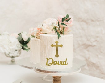Personalized Cross Cake Charm: Mirror Acrylic Christening Topper