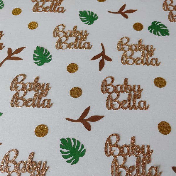 Baby Shower Confetti, Woodland theme confetti, green and brown leaves with Personalized Baby Name, Gender Reveal, Safari Themed party