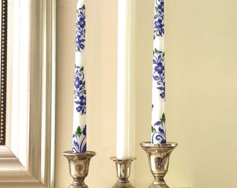Elegant Indigo Floral Design Taper Candles, Bridal, Wedding, Communion