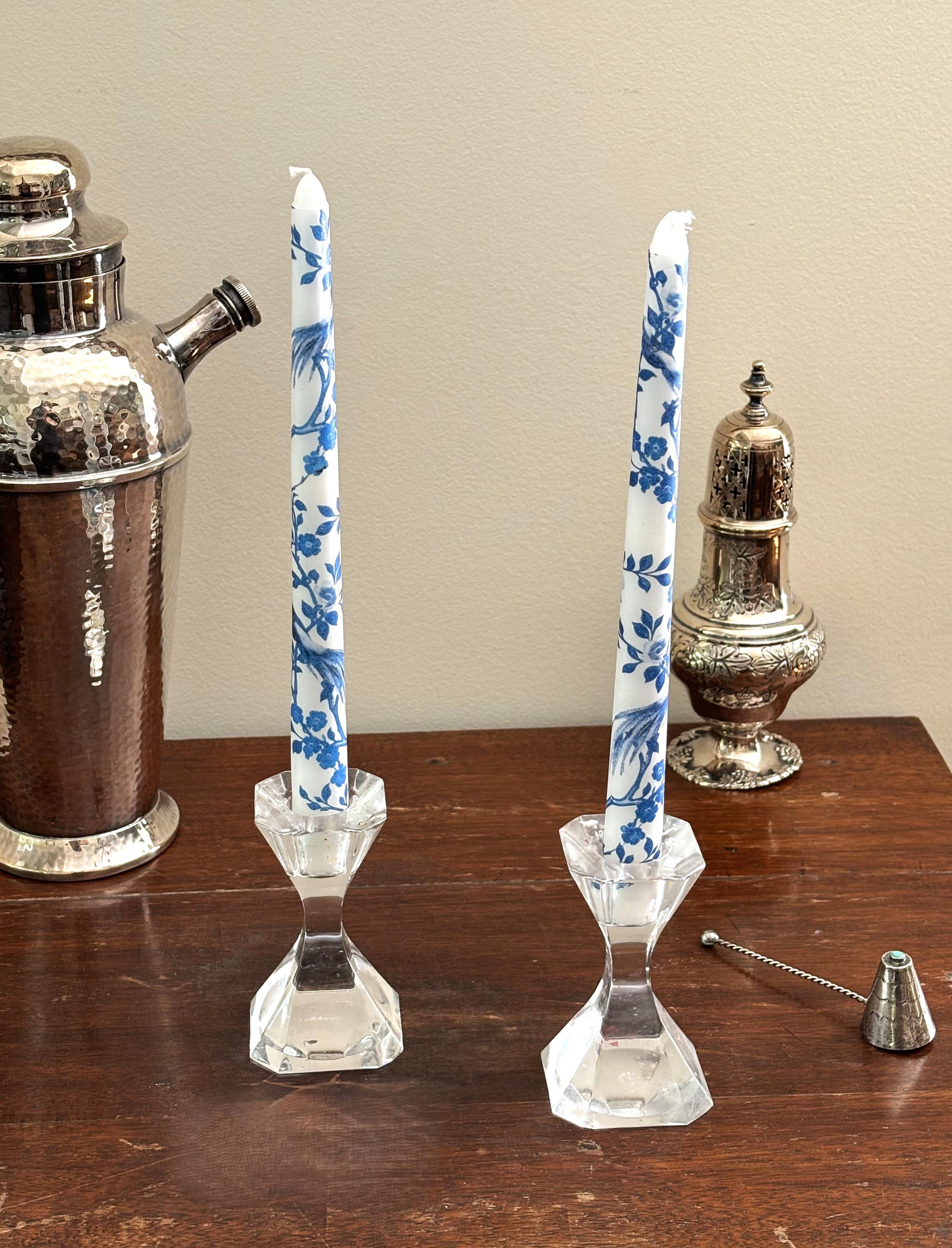 Chinoiserie Pattern Blue & White Taper Candles with birds and florals