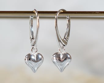 925 Sterling Silver Heart Charm Lever back Earrings, Love Heart Earrings, Dangly Charm Earrings, Silver Heart Charm Drop Lever back Earrings