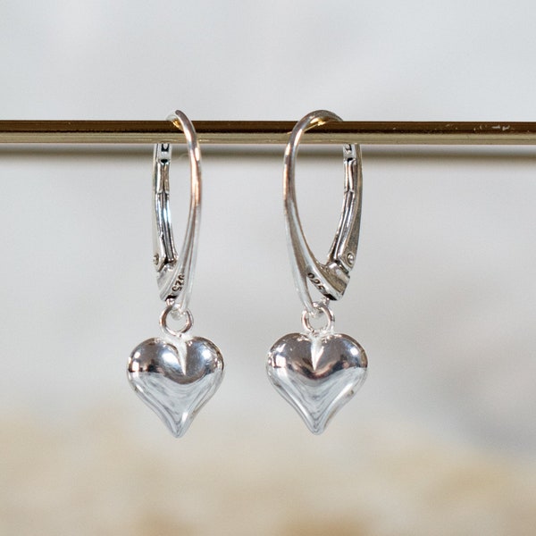 925 Sterling Silver Heart Charm Lever back Earrings, Love Heart Earrings, Dangly Charm Earrings, Silver Heart Charm Drop Lever back Earrings