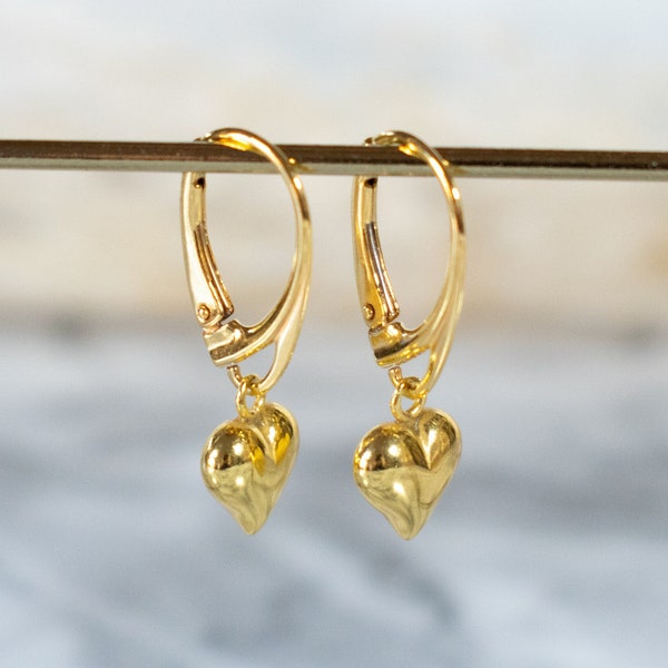 Gold Heart charm Lever Back Drop Earrings. Gold Love Heart Earrings. Gold Heart Charm Dangly Earrings. Heart Charm drop Gold Earrings