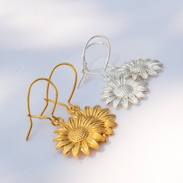 Sunflower Charm Wire Back Earrings in 925 Sterling Silver & 24K Gold Plate | Flower charm earrings | Lever wire back dangly earrings.