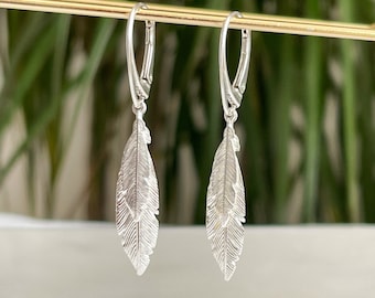 Sterling Silver Double Feather Charm Lever Back Earrings, Feather Duo Drop Silver Lever back Earrings, Gift for Her, Multi Feather Earrings