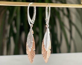 Rose Gold & Silver Double Feather Charm Lever Back Earrings. Feather Duo Drop Rose Gold and Silver Lever back Earrings. Gift for Her.
