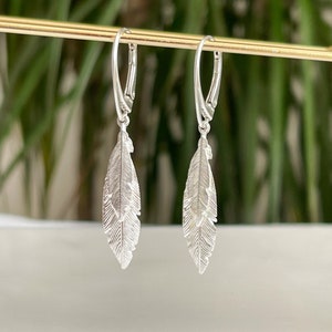 Sterling Silver Double Feather Charm Lever Back Earrings, Feather Duo Drop Silver Lever back Earrings, Gift for Her, Multi Feather Earrings