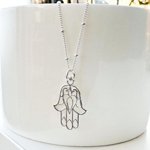 Hamsa Hand Sterling Silver Necklace on a Satellite Chain. Symbolic Silver Pendant. Positivity Silver Jewellery. Gift for her.