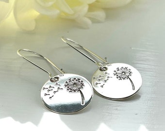 925 Sterling Silver Dandelion Flower wire back Earrings, Flower Charm Dangly Silver Earrings, Silver Kidney Shape Wire Back Earrings,