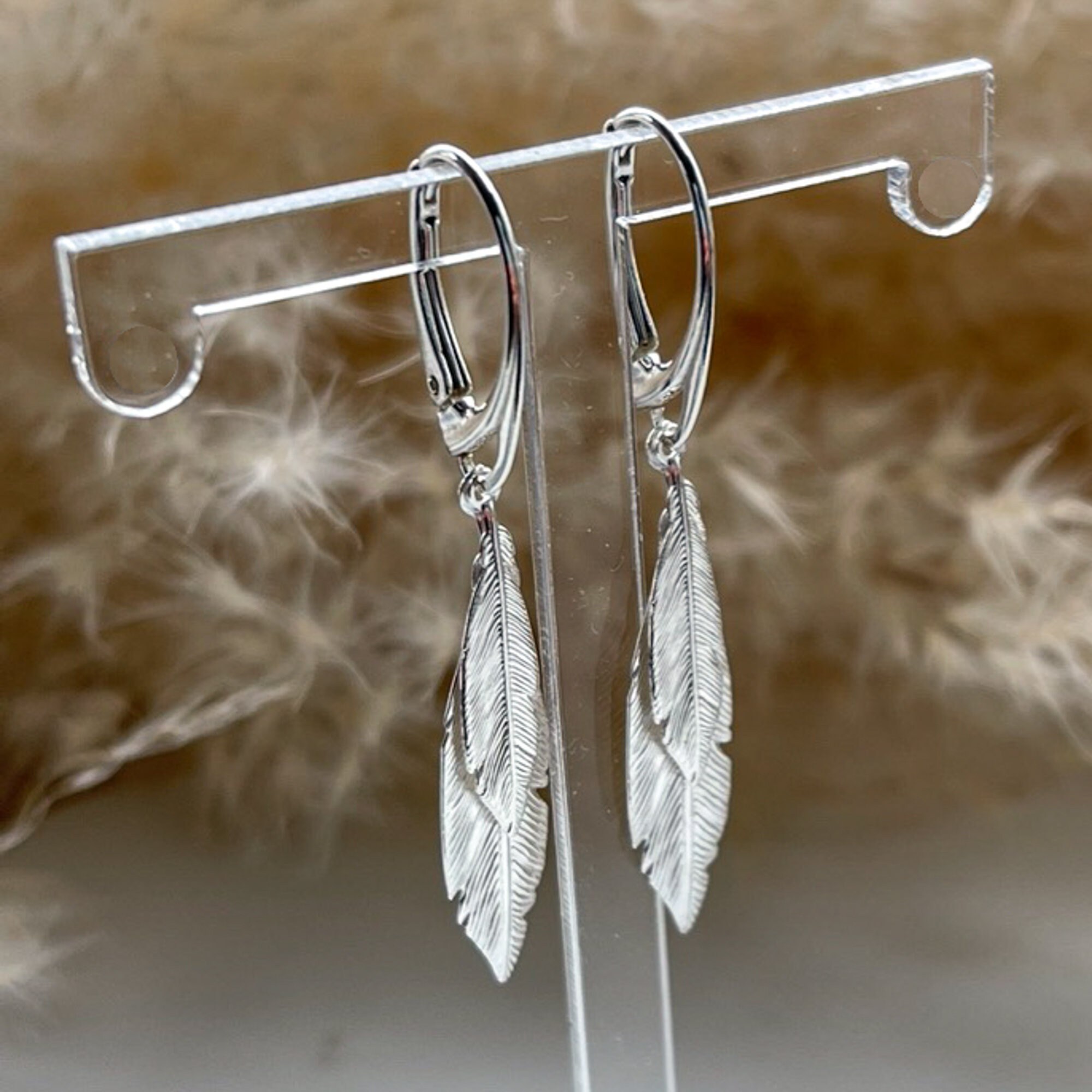 925 Sterling Silver Double Feather Lever Back Drop Earrings - Handmade ...