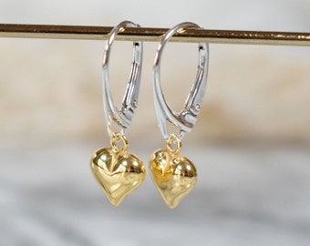 Gold Heart Sterling Silver Lever Back Earrings: Dangle Charm
