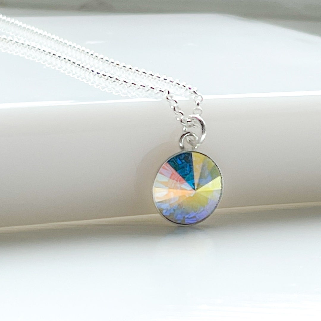 Silvertone Swarovski Crystal Necklace – Aurora Borealis Crystal Tennis Necklace By callura