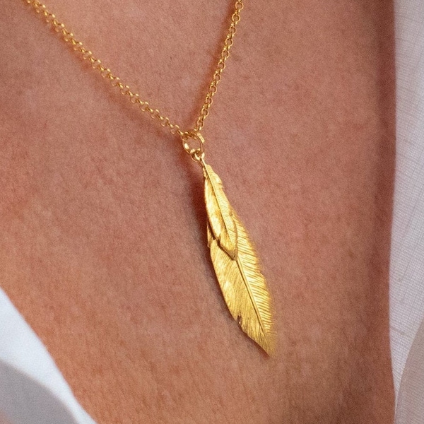 Gold Double Feather Necklace | Duo Feather Pendant in Gold | Sentimental Jewellery | Large Charm Necklaces | Multi Charm Gold Necklace