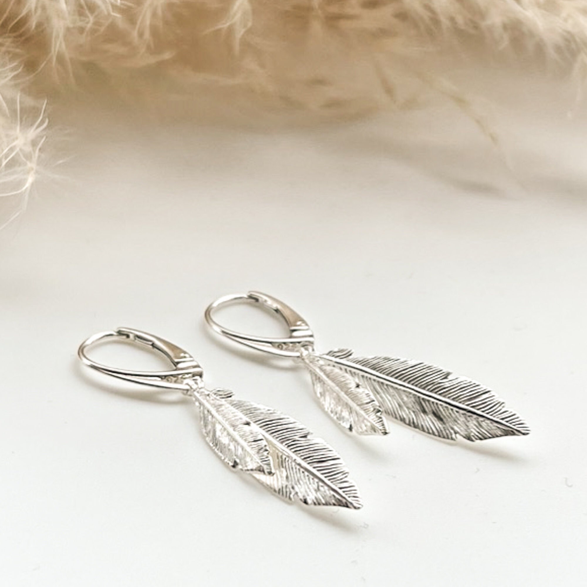 925 Sterling Silver Double Feather Lever Back Drop Earrings - Handmade ...