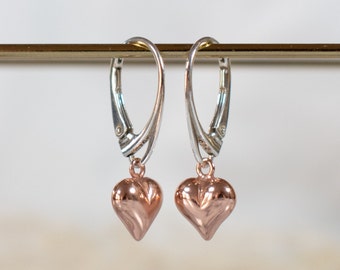 Rose Gold Heart & Sterling Silver Lever Back Earrings, Rose Gold Heart Earrings, Heart Charm lever back Earrings, Rose Gold Charm Earrings