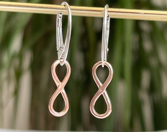 Rose Gold Infinity Charm and Sterling Silver Lever Back Earrings. Dangly Rose Gold Infinity Earrings. Summer Gold Earrings. Gift for her.