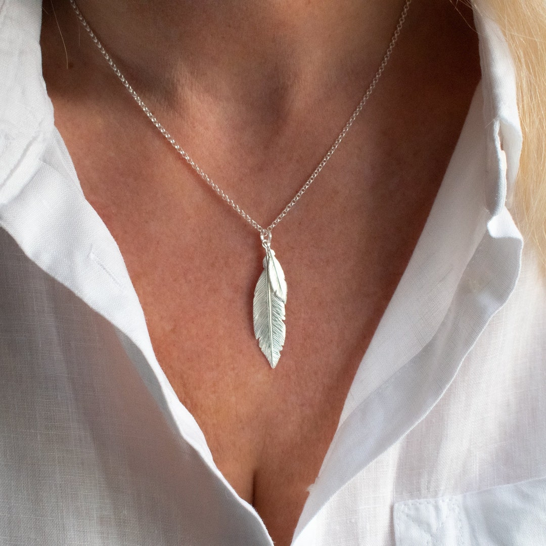 【HYERES LOR】24FW★ Etrev Silver Duet Love Necklace 925 Sterling Silver Double Feather Necklace, Duo Feather